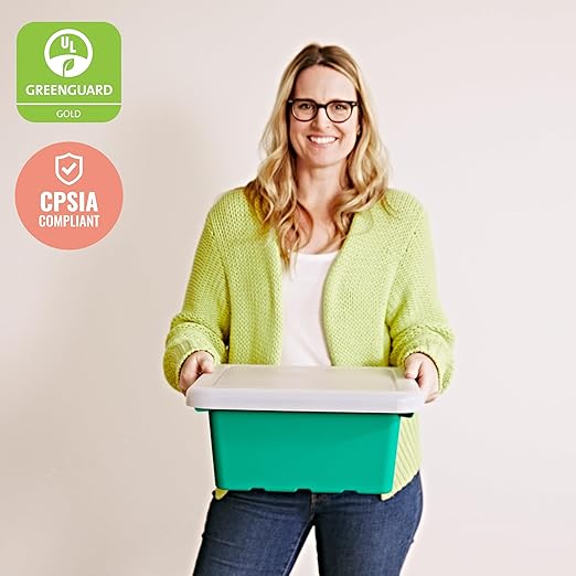 ECR4Kids Stackable Square Bins with Non-Snap Lids Multipurpose Organization Emerald 2-Pack