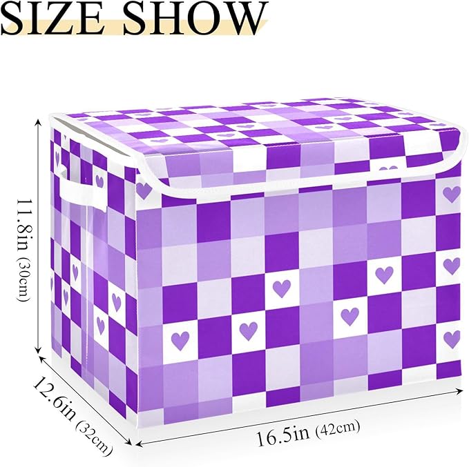 Checkered Purple Hearts Storage Box with Lid 1 PC Foldable Storage Bin with Lids Stackable Storage Bins Cube Closet Organizer Basket with Flip-Top Lid &amp Handles for Shoes Books Towels