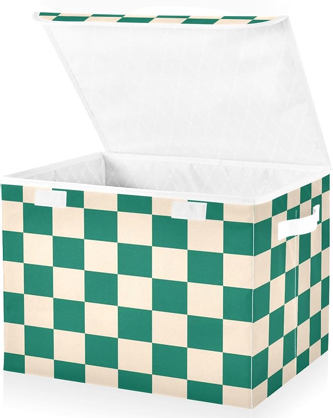 Green Checkerboard Square Grid Storage Box with Lid 1 PC Foldable Storage Bin with Lids Stackable Storage Bins Cube Closet Organizer Basket with Flip-Top Lid &amp Handles for Shoes Books Towels