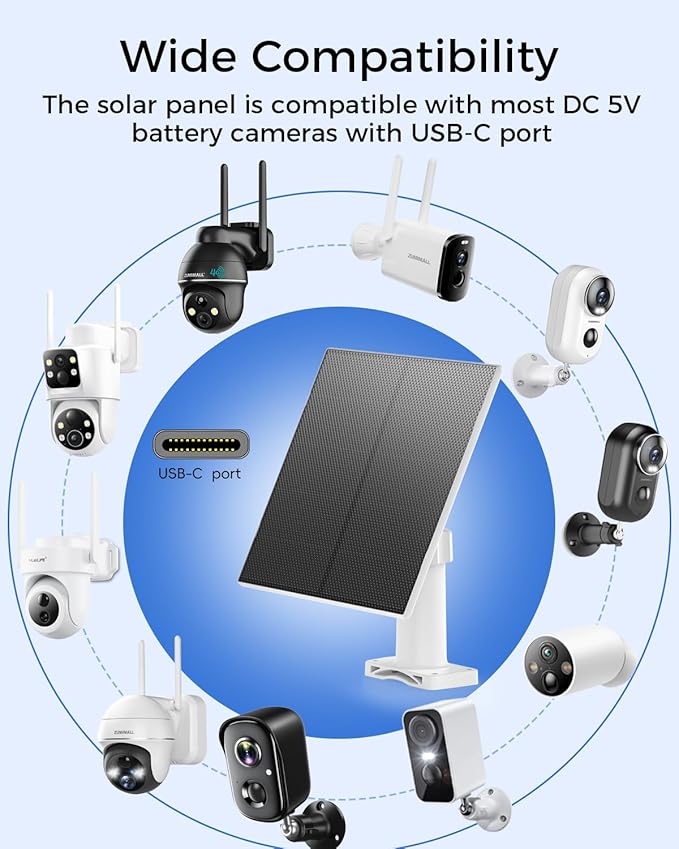 MUBILIFE 5W Solar Panel for Security Camera Wireless Outdoor with Micro USB &amp Type-C Port Continuous high-Efficiency Solar Power IP66 Weatherproof 360° Adjustable Bracket 10ft Cable