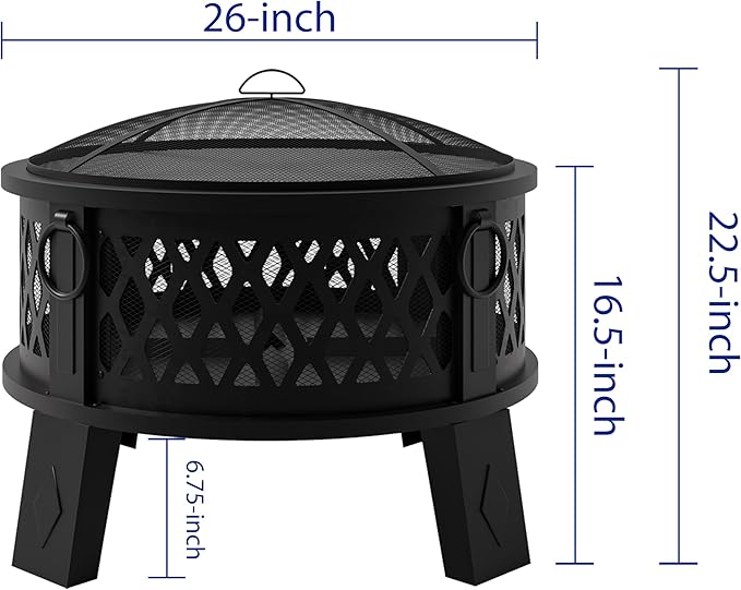 Fire Beauty 26 Steel Fire Pit with Grill &amp Diamond Mesh Design360° Airflow Tech for 80% Less SmokeXL FlamesHeavy-Duty Portable Outdoor Fire Bowl for Camping Backyard Beach (22lbs 4 Handles)