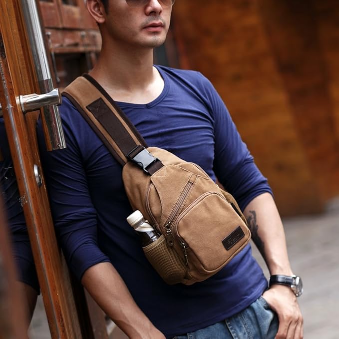 SIMU Sling Bag Pack Canvas Shoulder Sling Backpack Small Crossbody Chest Bag for ipad mini (Khaki)