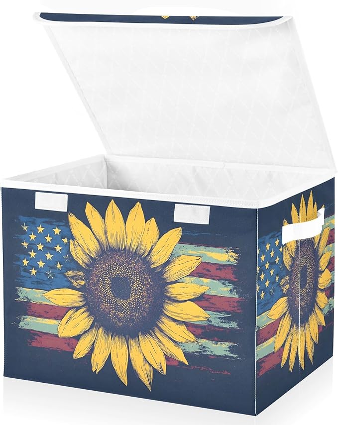 Sunflower America Storage Cube Bins Basket with Lid Collapsible Flip-top Fabric with Handle for Home Bedroom Closet Office 16.5×12.6×11.8 in