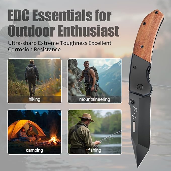 Vickay Pocket Knife Folding Knife with Clip - 3.54″ Steel Blade Wood Handle EDC Knife for Men &amp Women Outdoor Camping Hunting Hiking Fishing - Father’s Day Gift (Black)
