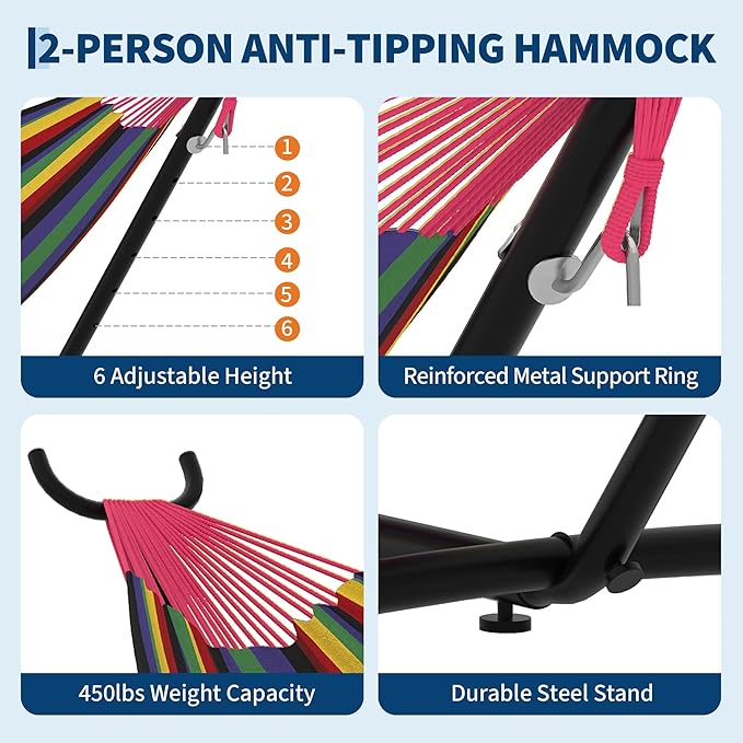Double Hammocks with Stand for Outside Portable Space Saving Heavy-Duty Steel Stand for Indoor Outdoor Patio with Carrying Bag 450 lbs Capacity