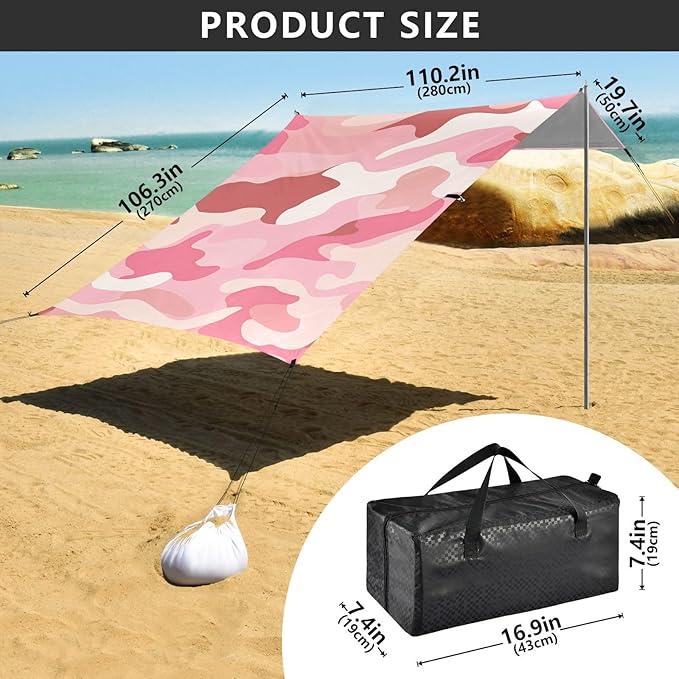 Rose Pink Foldable Beach Tent UPF50+ Protection Lightweight Portable Sun Shelter with Sandbags &amp Sand Shovel for Camping Picnics Backyard
