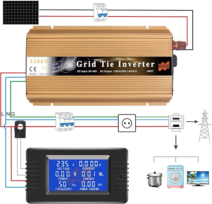 1000W MPPT Pure Sine Wave Grid-Tie Micro Inverter Converts 20-50V DC to 110V/120V AC Perfect for Home Solar or Wind Power Systems.