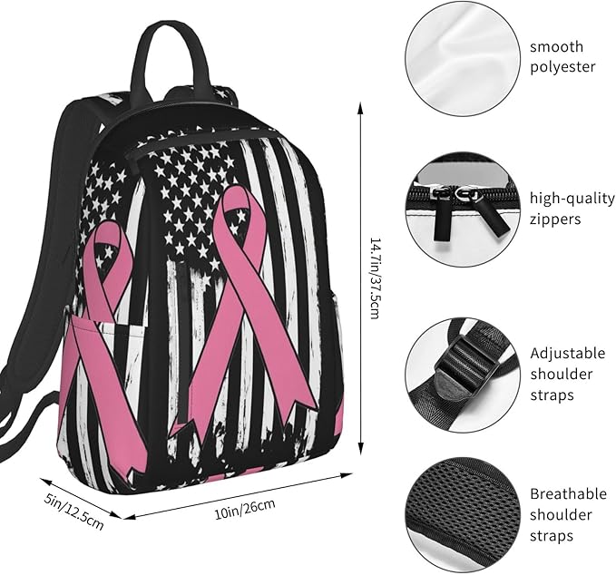 Breast Cancer Awareness Pink Ribbon American flag Travel Laptop Backpack Womens Mens Bag Bookbag