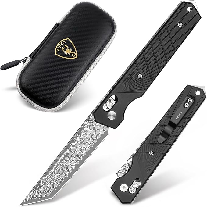 AUBEY Damascus Axis Lock Pocket Knife 3.46 Tanto Blade Crossbar Lock Folding Knives with Clip for Men Women Aluminum Handle with Glass Breaker for EDC Camping Gift