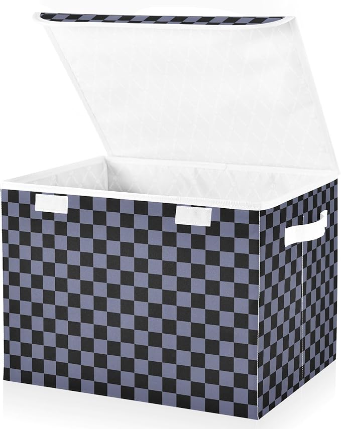 Grey Black Checkerboard Storage Baskets Lidded Bin Foldable Storage Boxes Cubes Lids with 2 Handles for Organizing Closet Home Office