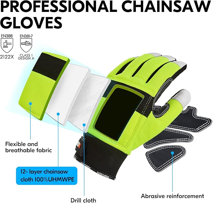 Vgo... 1Pair Chainsaw Gloves 12-Layer Chainsaw Protection on Left Hand BackGoat leather Work Gloves Mechanic Gloves