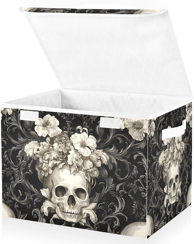 Storage Cube with Lid Retro Style Skulls Print 16.5×12.6×11.8 IN Collapsible Large Capacity Foldable Storage Basket Bin Organizer