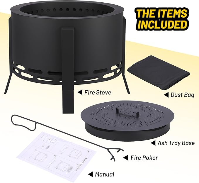 GarveeLife 26 in Smokeless Fire Pit with Ash Tray BaseSmokeless Outdoor Firepits with Adjustable Foot&ampFire PokerFirepit with Dust BagOutdoor Fire Pits for BBQBonfireCamping