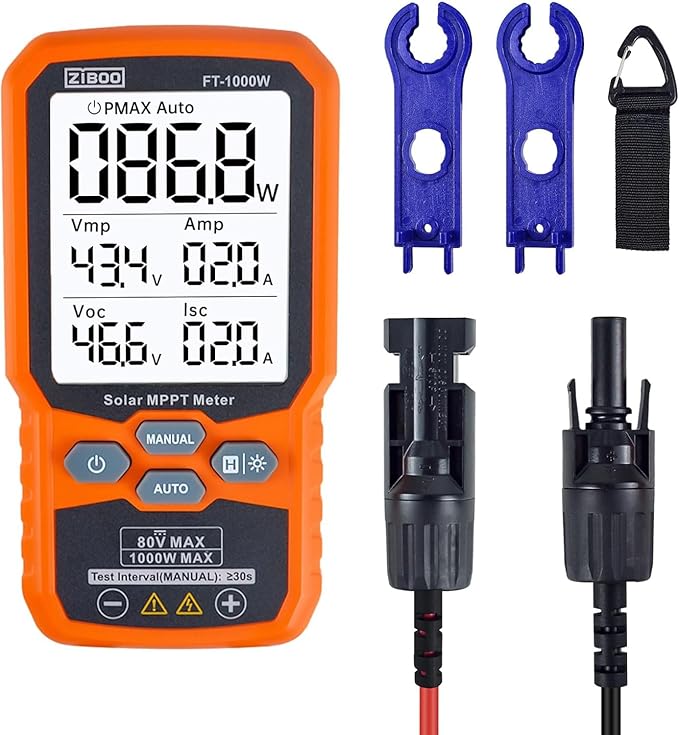 ZIBOO FT-1000W Solar Panel Tester MPPT Meter - 1000W Max Power 80V/35A PV Module Tester for Voc/Isc Open Circuit Voltage &amp Short Circuit Current with Backlight &amp Data Hold