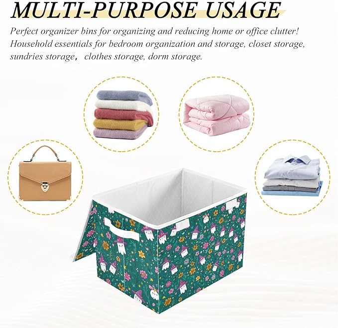 Halloween Teal Ghosties Stars Flowers Storage Box with Lid 1 PC Foldable Storage Bin with Lids Stackable Storage Bins Cube Closet Organizer Basket with Flip-Top Lid &amp Handles for Shoes Books Towel