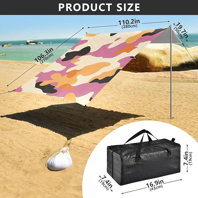 Marigold Beach Cabana Tent UPF50+ Lightweight Shade Sun Shelter with Sandbags Sand Shovel Poles for Camping Picnics Backyard