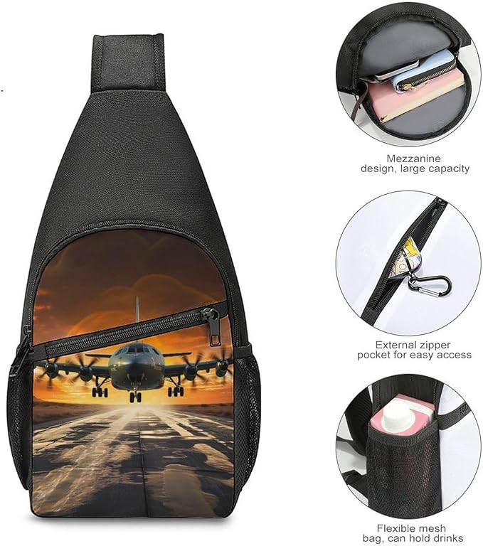 Sling Bags Military Plane Landing On Runways Chest Bag for Men Women Shoulder Bag for Travel Sport Chest Pack