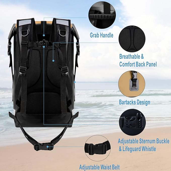 Vogano Waterproof Backpack Waterproof Bag Dry Bags 30L Roll Top Closure Travel Bags For Kayaking Camping Boating Hiking Beach (Khaki)