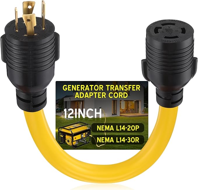 Kanayu NEMA L14-20P to L14-30R 20amp to 30amp Generator Adapter Cord 4 Prong Locking Generator 20amp Male Plug to 30amp Female Receptacle Adapter 1 ft