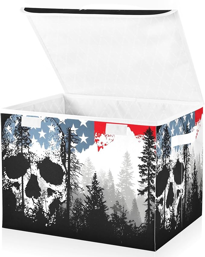 Skull Forest Print Storage Basket Bins with Lid Foldable Flip-top with Handle for Home Office 16.5×12.6×11.8 in 1 Pack