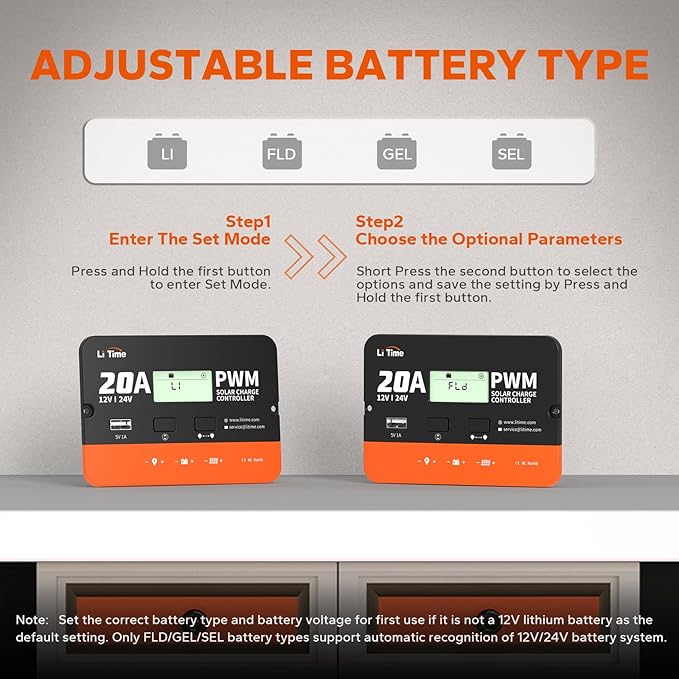 LiTime 12V/24V 20Amp PWM Solar Charge Controller (No Build-in Bluetooth) with LCD Display &amp USB Output for FLA Gel SEL and Lithium Battery