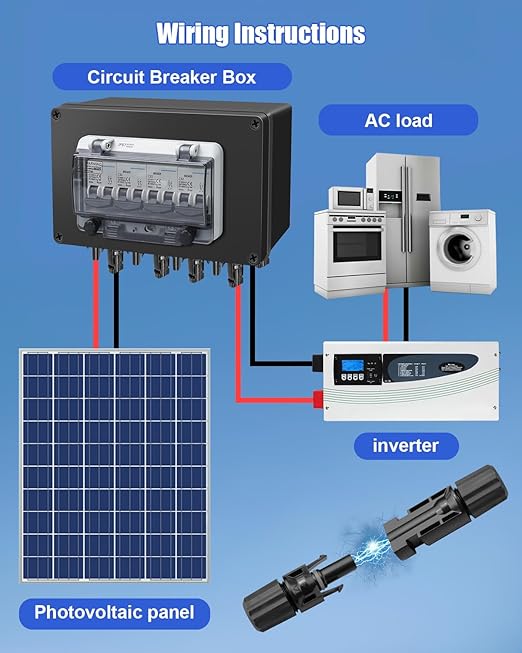 Solar Panel Disconnect Switch 4 String 32 Amp DC Circuit Breaker Box Waterproof IP67 Solar Combiner Box with MC4 Connectors for Grid-Connected and Off-Grid Systems 4 in 4 Out