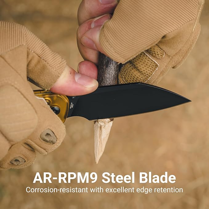 CJRB Pyrite-Light Folding Knife 3.34'' AR-RPM9 Steel Blade Pocket Knife with Clip for Men Women Sharp EDC Knife for Camping Survival Hiking J1945 Amber