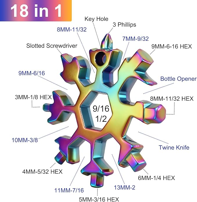 18-in-1 Snowflake Multitool 9 Packs Stainless Steel Snowflake Wrench/Bottle Opener/Screwdriver Kit Stainless Steel Portable Star Tool for Christmas Great Gifts