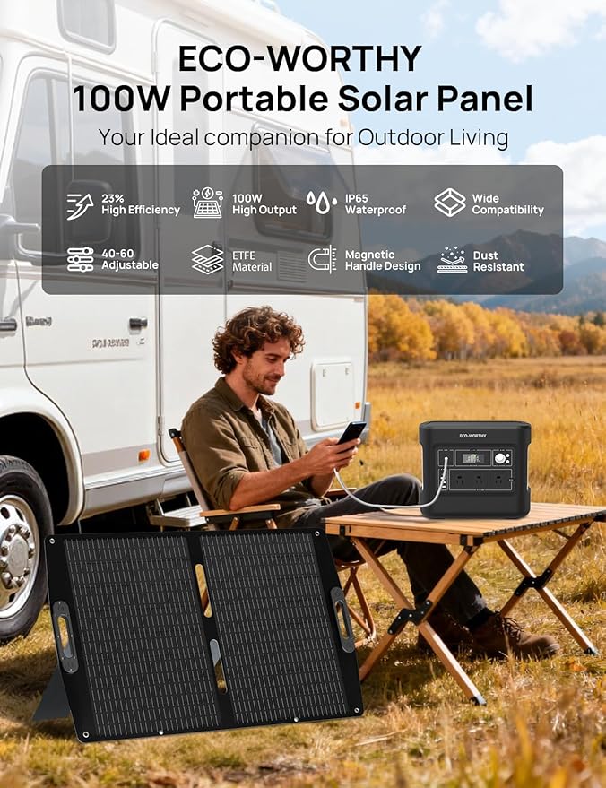 ECO-WORTHY 100W Portable Solar Panel for Power StationsIP65 Waterproof &amp Lightweight with Adjustable Kickstand23% High Efficiency Foldable Solar Panel for Outdoor RV Camping Off Grid Emergency