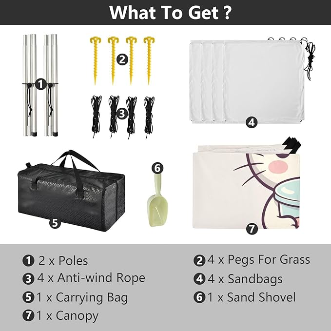 Bow Cat Drinking Milk Tea Beach Tent Sun Shelter Set UPF50+ UV Protection 10.5 x 9.19 FT Camping Shade Canopy with Sandbags Sand Anchors Carrying Bag and Others