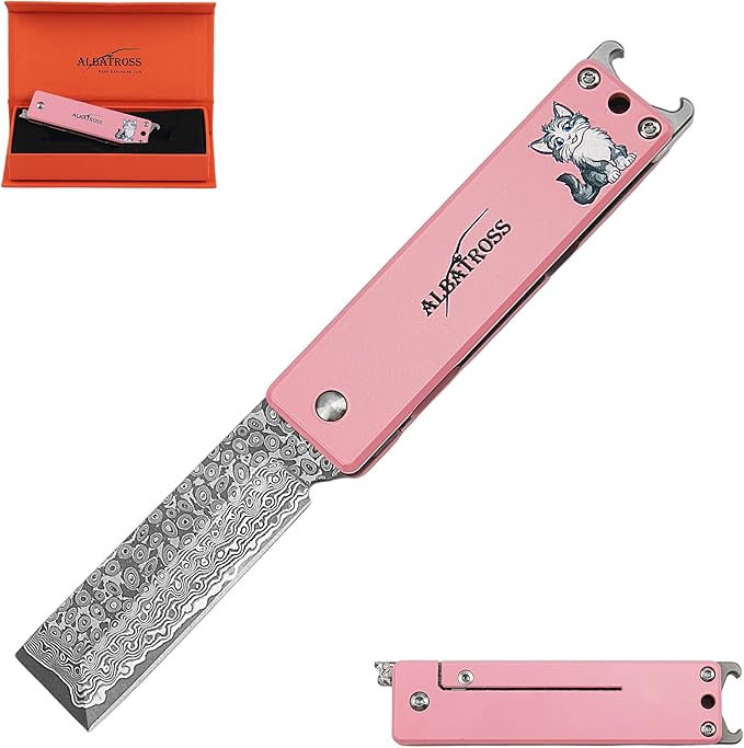 ALBATROSS Pink Damascus Cute Cat Pattern Pocket Knife - Stocking Stuffer for Women 3.5 Titanium Alloy Box Cutter - EDC Keychain Gadgets with Bottle Opener Mothers Gift Day for Cat Lovers