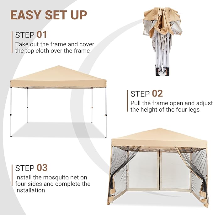 Quick Setup Pop Up Canopy Tent 10x10ft – Waterproof Outdoor Shade Gazebo Mesh Mosquito Netting Sidewalls Portable Shelter for Camping Patio Beach Parties Events