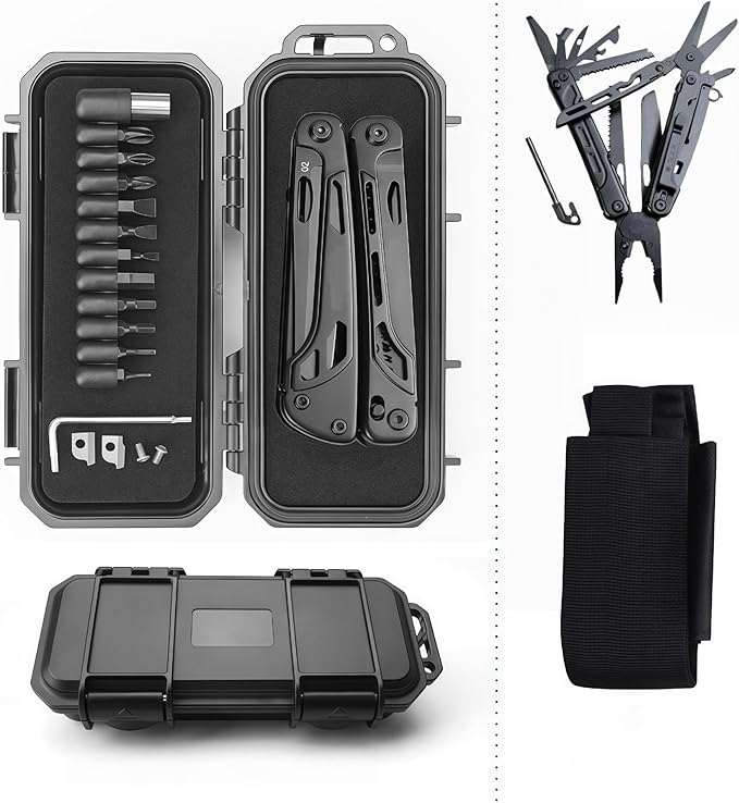 Multitools 20-in-1 Full-Size Lightweight EDC Multi-Purpose PliersWith Safety Locking Knife Tactical Gear Tools Men Gift Ideas Equipment for Emergencies Hiking and Outdoor Camping (Black)
