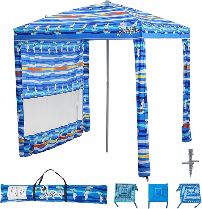 Jihfmo Beach Cabana 6.2'×6.2' Beach Canopy with Side Wall UPF 50+ UV Protection Easy Setup Tent Sun Shelter with Sand Pockets for Whole Family(Summer Sailboat)