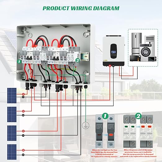 4 in 2 Out Solar Combiner BoxPV Combiner Box with 20A PV FuseDC 40A Circuit Breaker and Surge ProtectorIP65 Solar Disconnect Switch Box for Indoor Outdoor Solar Panel System (4 in 2 Out 20A 500V)