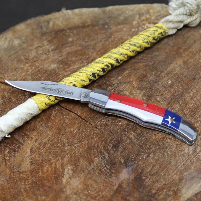 WHISKEY BENT HAT CO. Mini Hunter Folding Pocket Knife 2.75 Closed Length 440C Stainless Steel Blade (God Bless Texas)