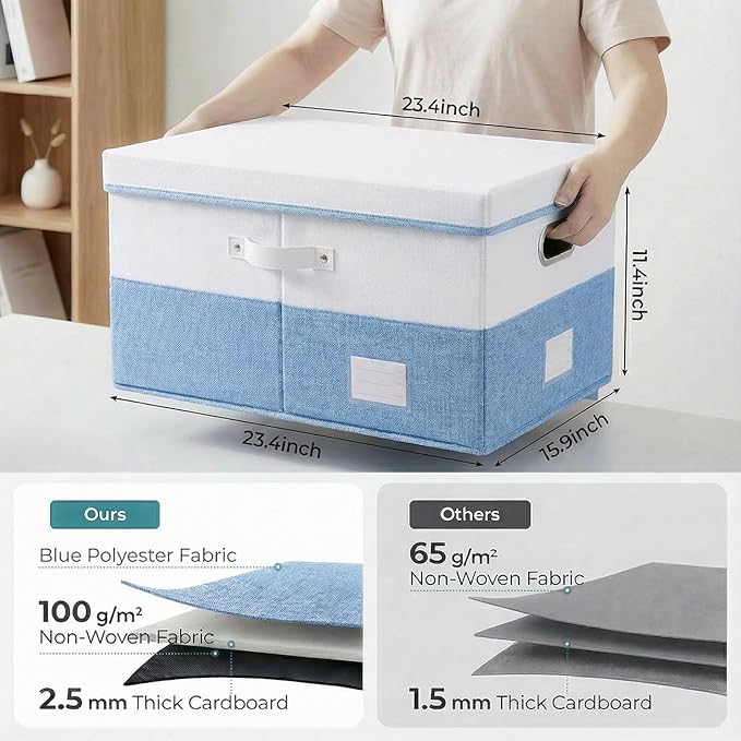 PRANDOM Storage Bins with Lids [3-Pack] Linen Fabric Foldable Storage Boxes Organizer Containers Baskets Cube with Cover for Bedroom Closet Office White&ampBlue (23.4X15.9X11.4)