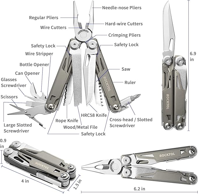 ROCKTOL Multitool19-in-1 Multitool Pliers with Titanium-plated Handle Safety Locking Lightweight EDC Tool and Nylon Sheath for MenOutdoor SurvivalHikingCamping
