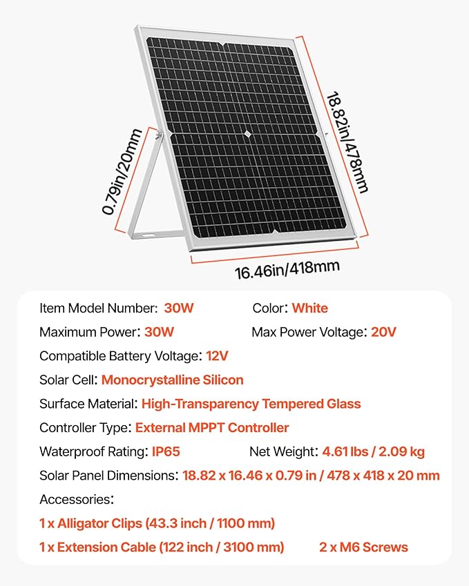 VEVOR 30W 12V Solar Panel Battery Charger Solar Battery Trickle Charger Maintainer with Intelligent MPPT Controller &amp Adjustable Mount Bracket IP67 Waterproof for Car Boat RV Motorcycle Trailer