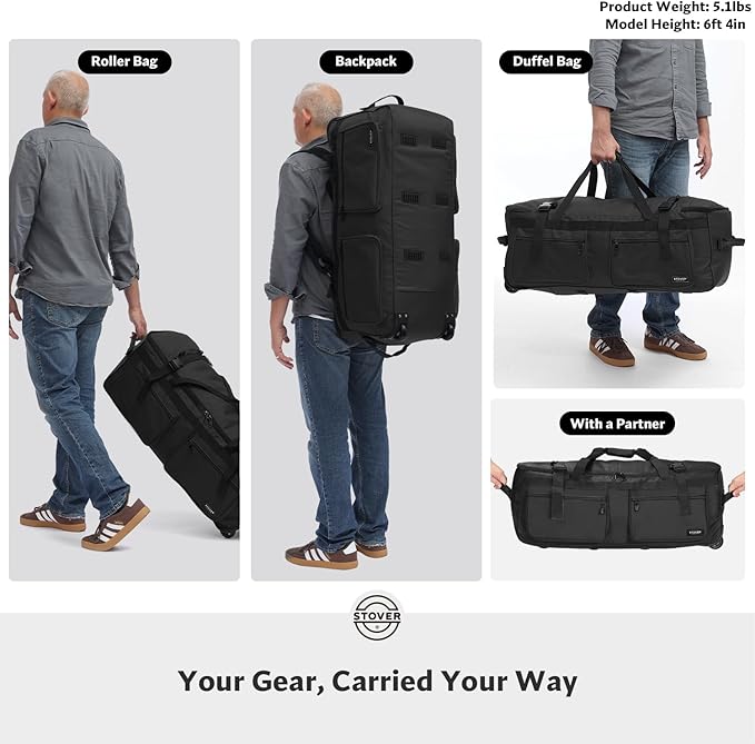 STOVER 45/80/100L U-Zip Rolling Duffel Bag with Wheels X-Large Durable Travel Duffle + Toiletry Bag Lay-Flat Opening Packable w/Shoulder Straps- Use as Luggage or Backpack Men/Women (Black)