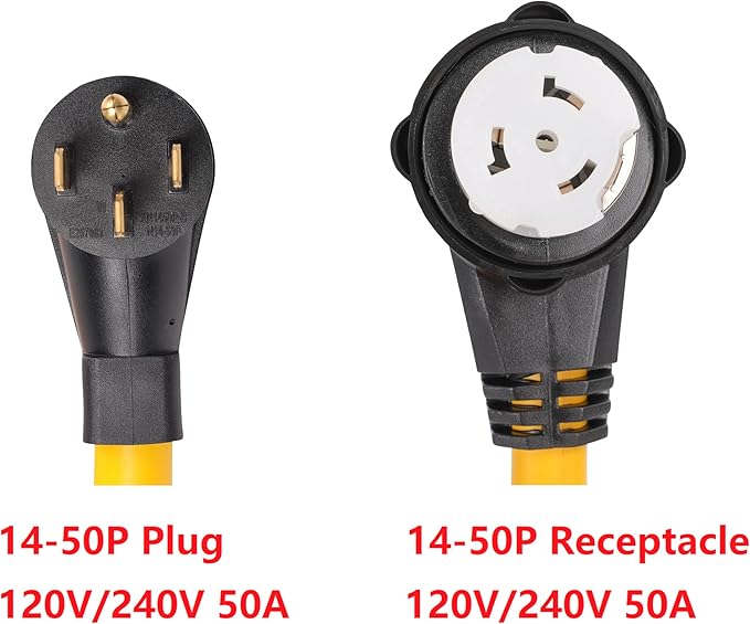 NEMA 14-50P to SS2-50R 6 Feet Hydraulic Magnetic ON Off Switch Current Protector Right Angle 90 Degree 120V/240V 50A 4 Prong Plug to 4 Prong Female Outlet Receptacle Extension Cable Power Cord Adapter