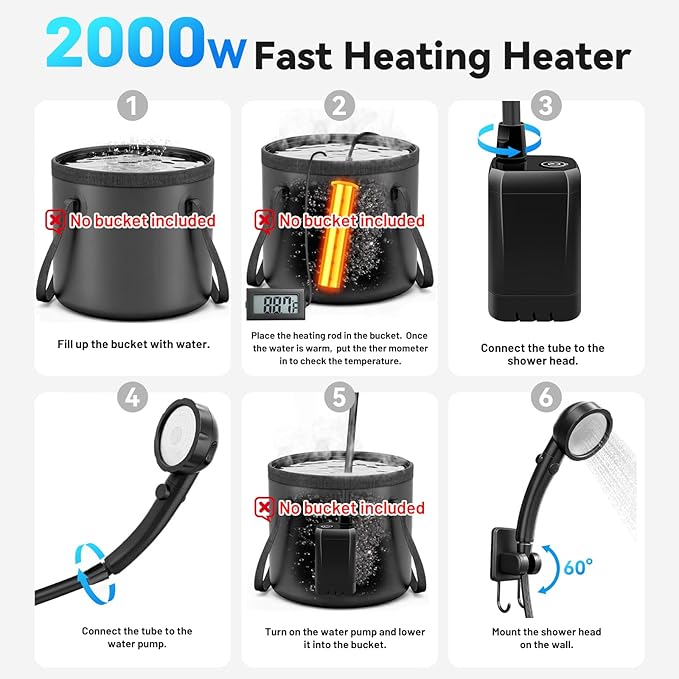 Camping Shower with Heater Portable – 6000mAh Rechargeable Hot Water Shower Pump with LED Display 3 Spray Modes for Outdoor Camping RV Pet Bath Car Wash Travel