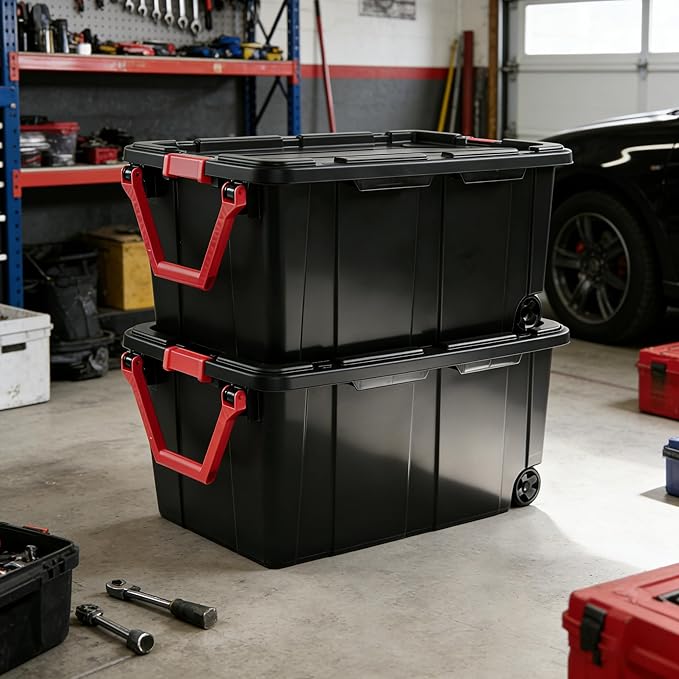 2-Pack 40 Gallon Heavy-Duty Stackable Storage Bins with Secure Lids &amp Smooth-Rolling Wheels – Organizing Containers for Home Garage Office &amp Basement (Black)