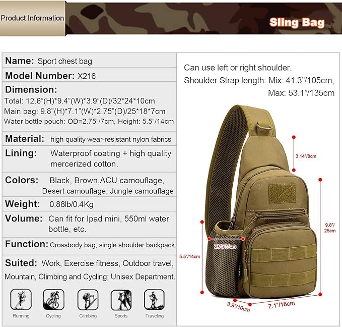 UNISTRENGH Tactical Sling Bag Chest Pack Molle Daypack iPad Mini Military Shoulder Bag Crossbody Duty Gear Backpack (Black)