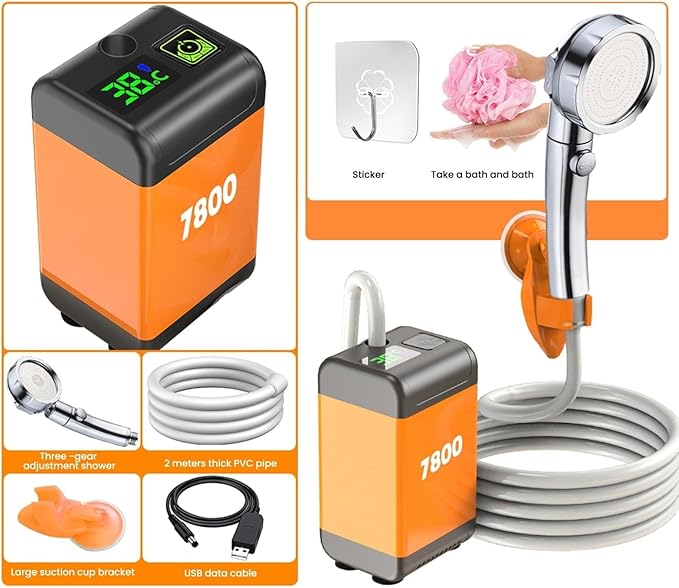 Portable Shower Camping Temperature and Battery Power Digital Display Travel Shower for Outdoor Indoor Camping Car Pet Beach Garden(Display6000 mAh)