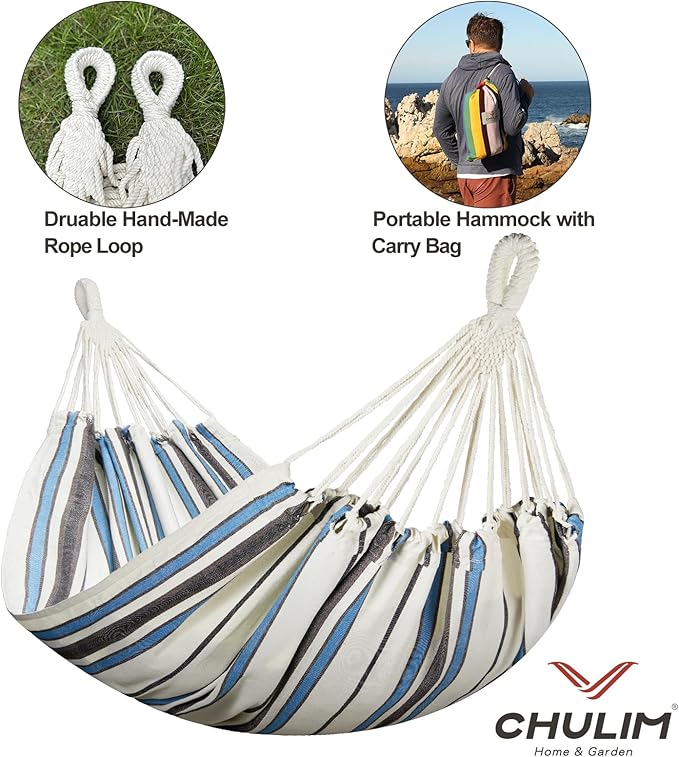 CHULIM Brazilian Double Hammock with Tree StrapsExtra Large 94x63IN2 Persons Hammock for Backyard Patio Outdoor and Indoor450lbs Weight CapacitySoft Woven Cotton Fabric - Blue Stripe