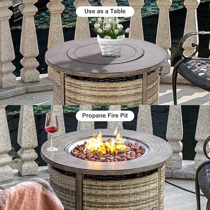 OutVue 32 inch Propane Fire Pit TableWicker Gas Fire Pits Table with Lid &amp Lava Rocks 50000 BTU Round Propane Firepit for Outside Fire Table for DiningParty PatioYard