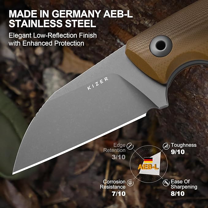 Kizer Snick Fixed Blade Knife with Sheath 2.68 AEB-L Steel Sheepfoot Camping Knife with Brown G10 Handle EDC Knives for Hiking 1085A2