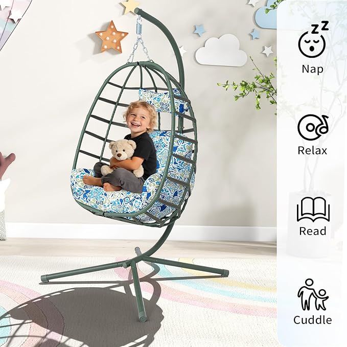 Hanging Egg Chair with Stand Outdoor Indoor Patio Rattan Swing Hammock Chairs with Washable Cushion 350lbs Capacity PE Wicker Swing Chair for Backyard Bedroom Garden (Dark Green + Floral Cushion)