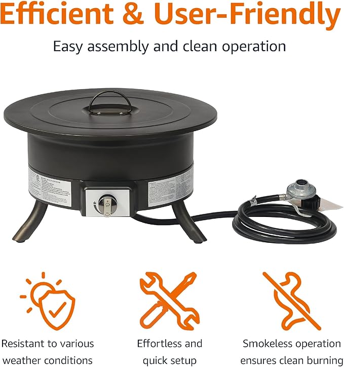 Amazon Basics Portable Propane Fire Pit 19 inch Round Gas for Patio 55000 BTU Carry Strap Heat Warmth and Ambience